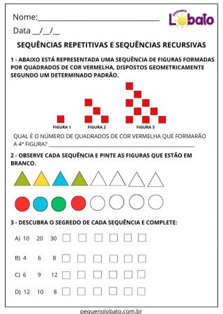 Atividade de matemática sequências repetitivas e recursivas para imprimir