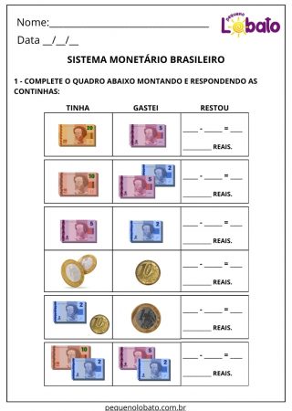 Atividade de matemática sistema monetário brasileiro para imprimir