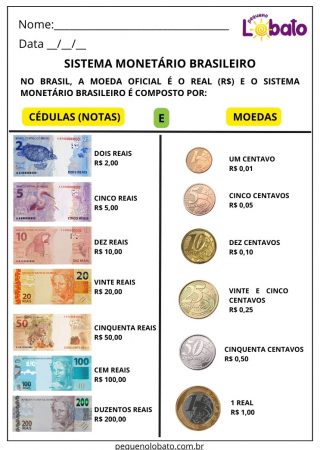 Atividade de matemática sobre sistema monetário brasileiro cédulas e moedas
