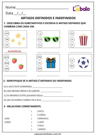 Atividade de português artigos definidos e indefinidos