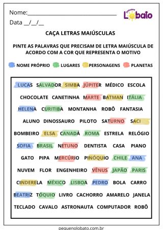 Atividade de português caça-letras maiúsculas conforme o motivo nome próprio, lugares, personagens e planetas