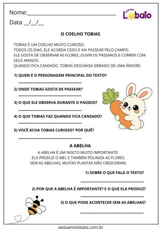 Atividade de português com interpretação de texto