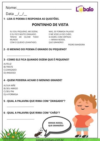 Atividade de português com poema e interpretação de texto