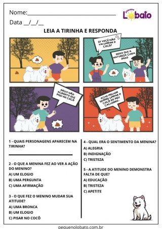 Atividade de português com tirinha e perguntas de interpretação