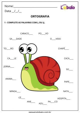 Atividade de português de ortografia para completar as palavras com L ou U