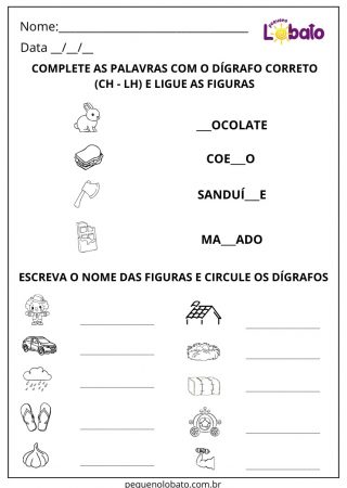 Atividade de português dígrafo ch ou lh