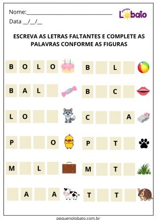 Atividade de português escreva as letras faltosas para completar as palavras