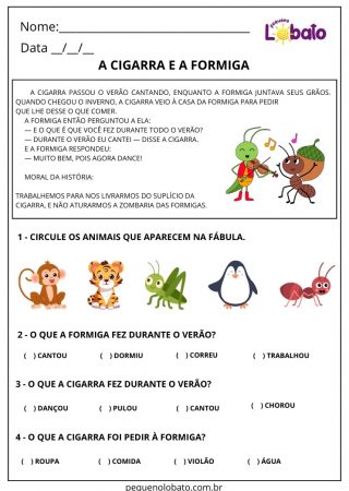 Atividade de português fábula da cigarra e da formiga