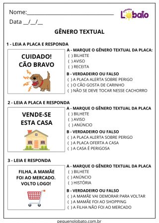 Atividade de português gênero textual aviso, anúncio e bilhete