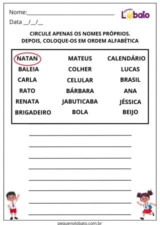 Atividade de português nomes próprios e ordem alfabética
