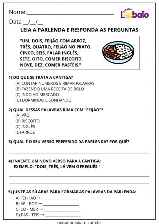 Atividade de português parlenda um dois feijão com arroz
