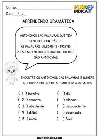 Atividade de português sobre gramática e antônimos