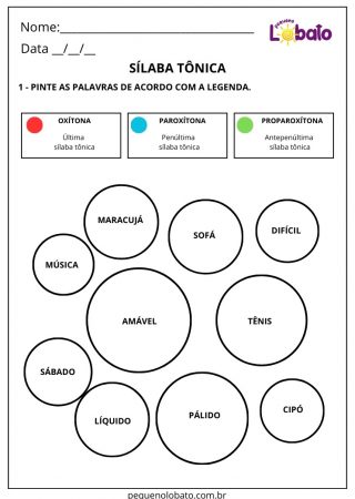 Atividade lúdica de português para pintar as sílabas tônicas conforme a legenda oxítona, paraxítona e proparoxítona