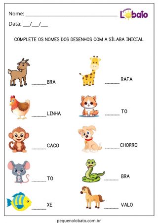 Atividade para Alunos com Dislexia Complete o Nome dos Animais