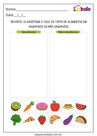 Atividade para Educação Especial com Alimentos Saudáveis e Não Saudáveis