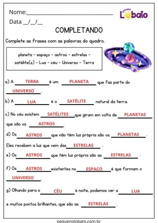 Atividades de Ciências Com Respostas sobre os Planetas, Astros e Estrelas para Imprimir