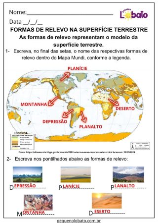 Atividades de geografia com respostas sobre formas de relevo na superfície terrestre para imprimir