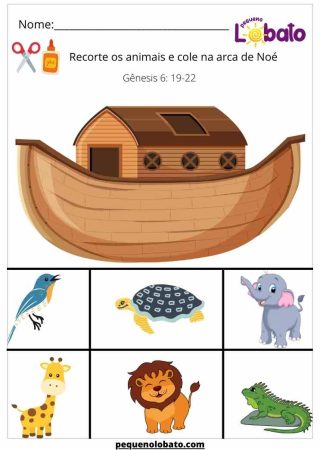 atividade biblica infantil para recortar os animais e colar na arca de Noé