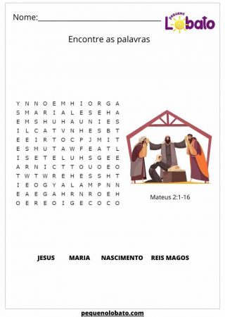 atividade bíblica para crianças encontre as palavras do nascimento de Jesus